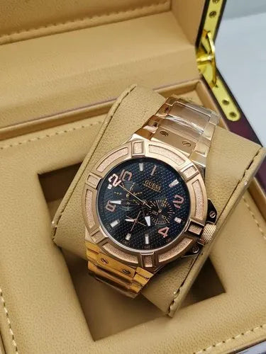 Guess Rigor Multi Function Black Dial Rose Gold Steel Strap Watch For Men - W0218G3 Buy Now By Guess