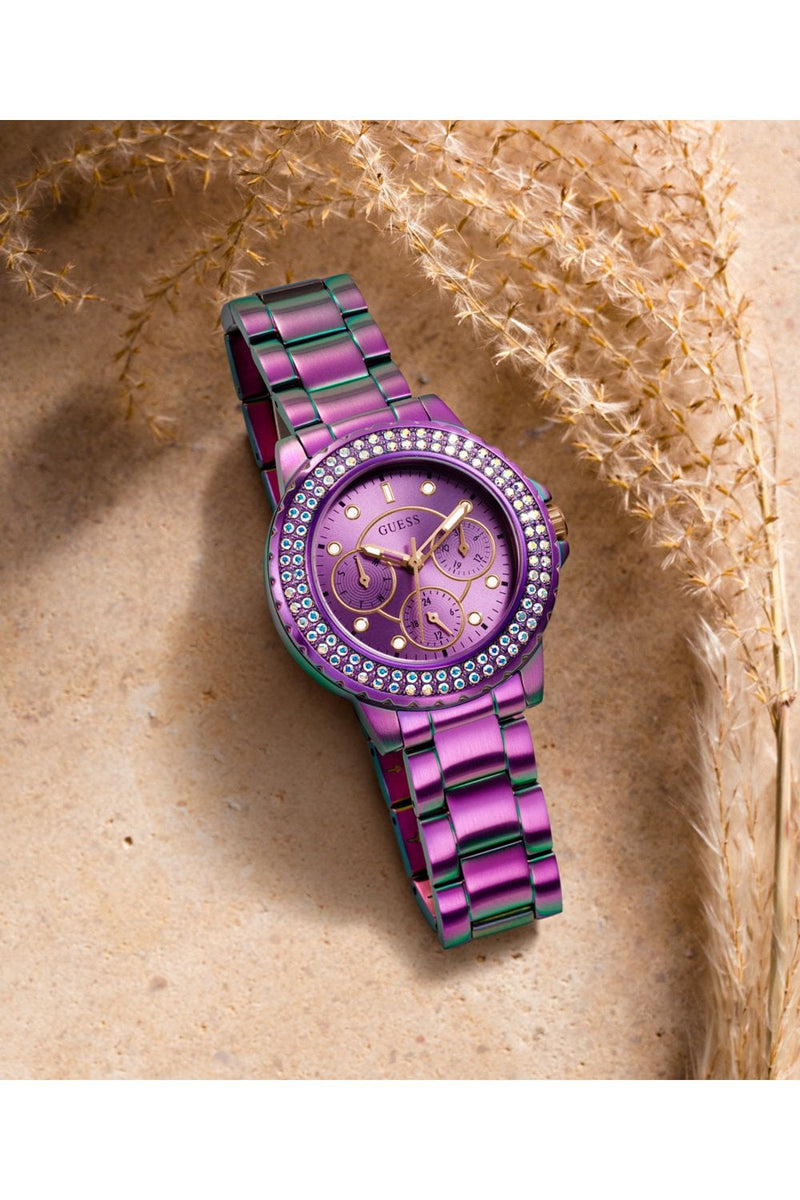 Shop Guess Crown Jewel Diamonds Purple Dial Purple Steel Strap Watch for Women - GW0410L4 in USA