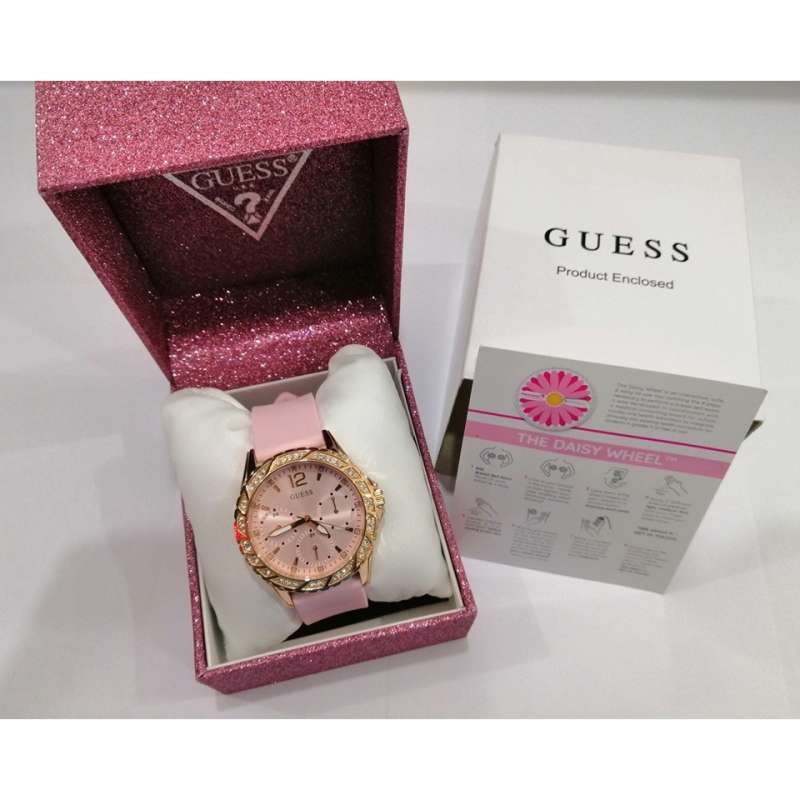 Shop Guess Sparkling Diamonds Pink Dial Pink Rubber Strap Watch for Women - W0032L9 in USA