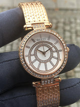 Guess Muse Quartz Silver Dial Rose Gold Steel Strap Watch For Women - W1008L3