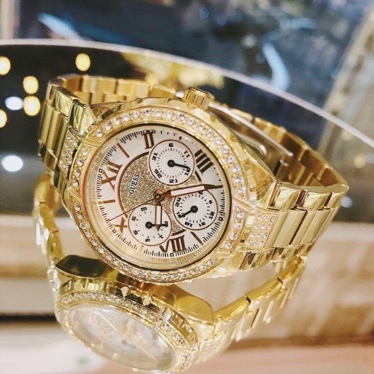 Guess Viva Diamonds Gold Dial Gold Steel Strap Watch for Women - W0111L2