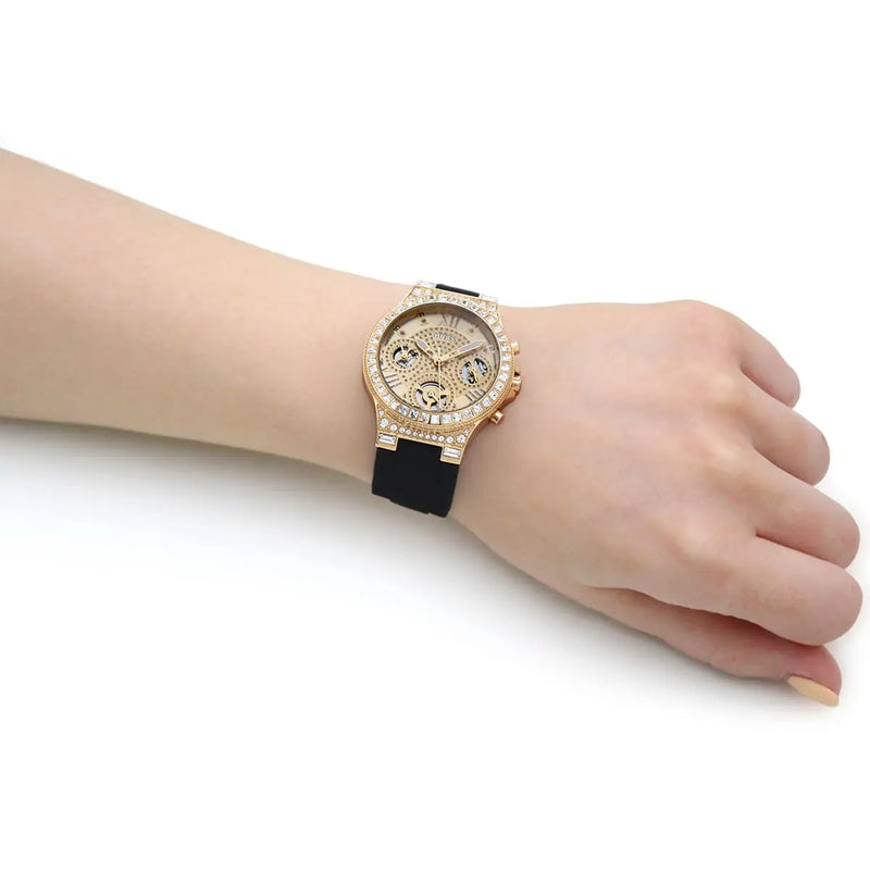 Guess Moonlight Crystals Silver Dial Black Silicone Strap Watch For Women - GW0257L1 Buy Now By Guess