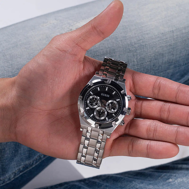 Guess Surge Chronograph Black Dial Silver Steel Strap Watch for Men - W1258G1 Buy Now By Guess