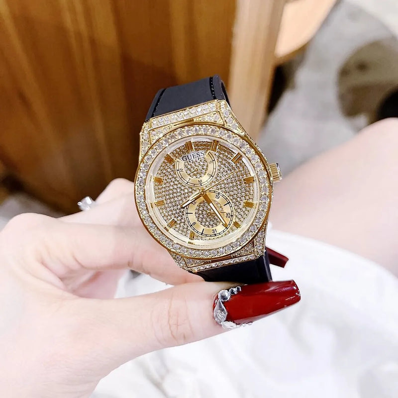 Guess Princess Crystals Gold Dial Black Silicone Strap Watch For Women - GW0439L2 Buy Now By Guess
