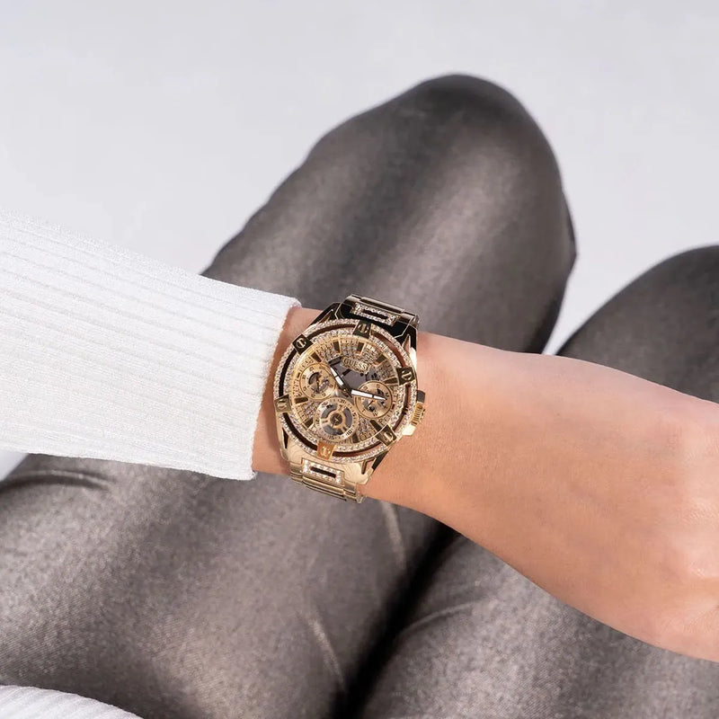 Shop Guess Queen Quartz Gold Dial Gold Steel Strap Watch For Women - GW0464L2 in USA