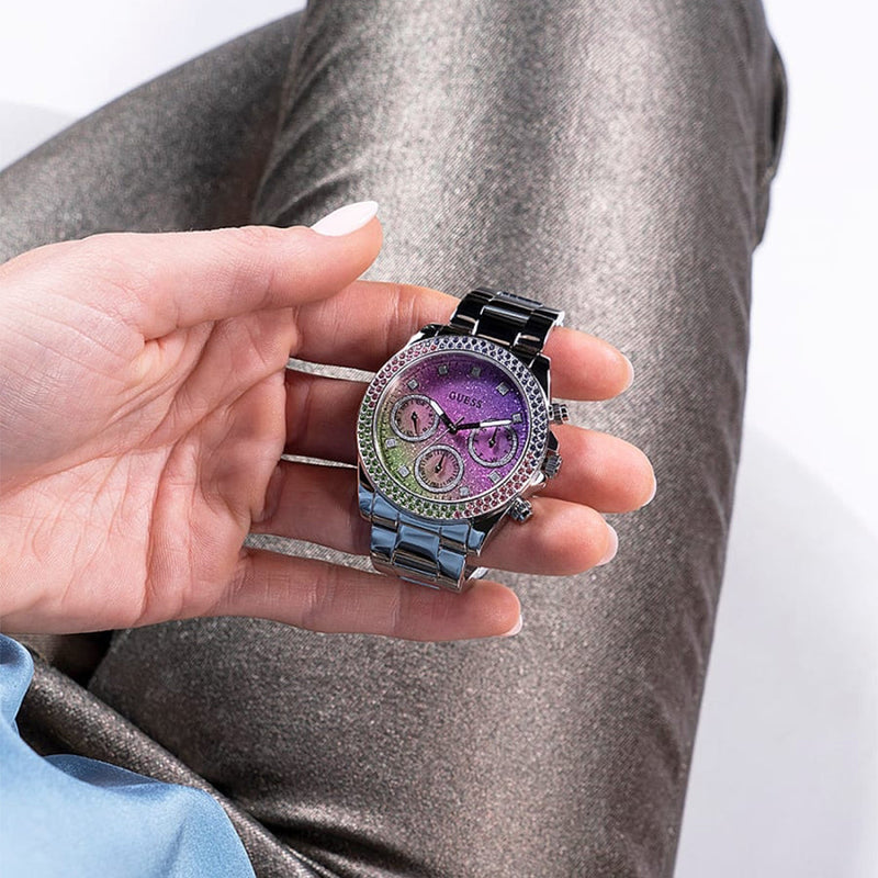 Guess Heiress Multifunction Diamonds Purple Dial Purple Steel Strap Watch for Women - GW0440L3 Buy Now By Guess