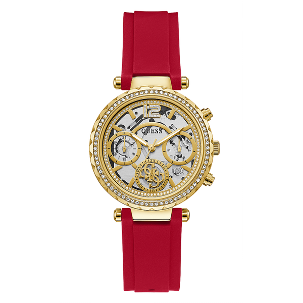Guess Solstice Diamonds Gold Dial Red Rubber Strap Watch for Women - GW0484L1 Buy Now By Guess