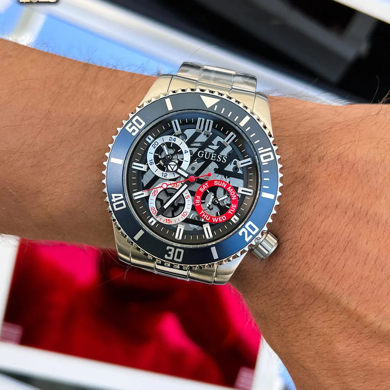 Guess Axle Multifunction Black Dial Silver Steel Strap Watch For Men - GW0488G1 Buy Now By Guess