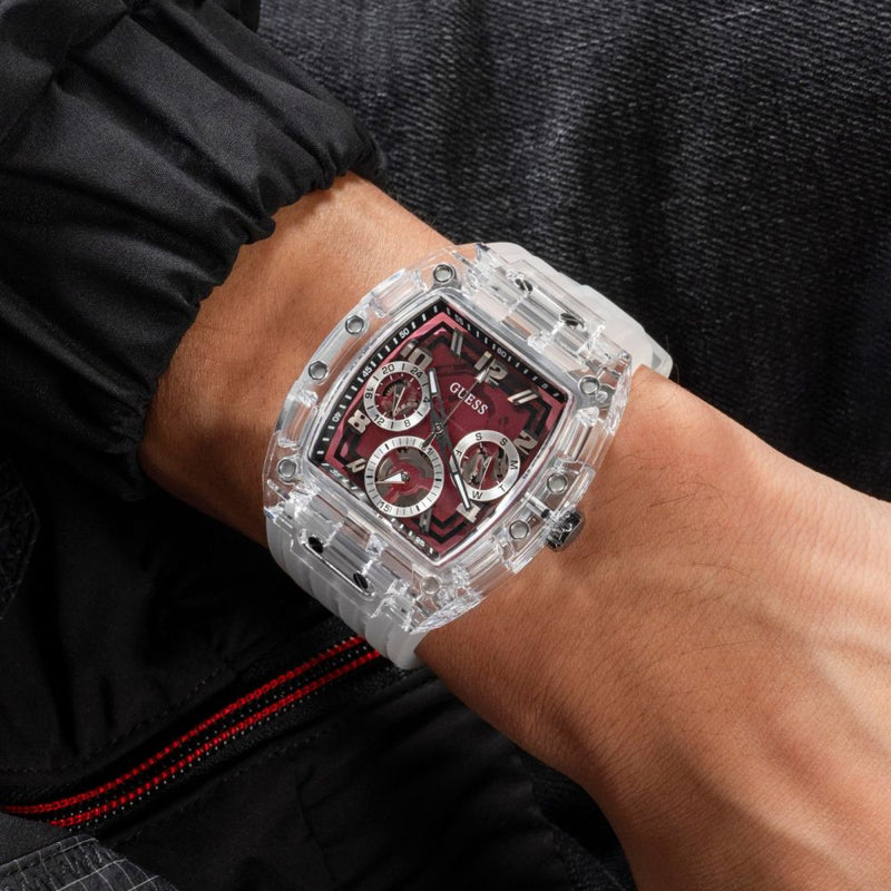 Guess Phoenix Quartz Burgundy Dial Transparent Silicone Strap Watch For Men - GW0499G9 Buy Now By Guess