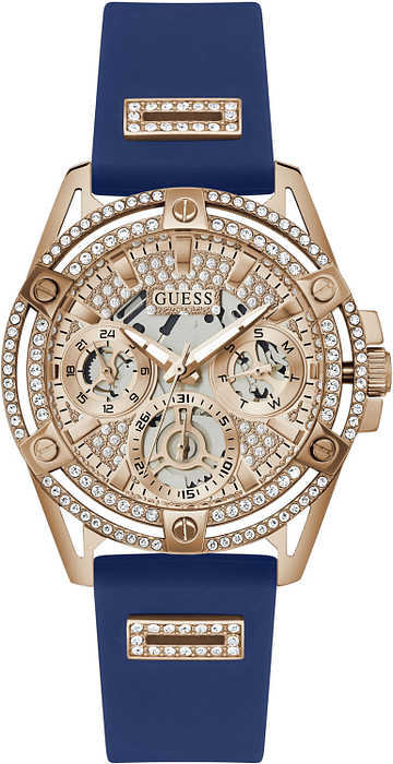 Shop Guess Queen Quartz Crystals Rose Gold Dial Blue Silicone Strap Watch For Women - GW0536L5 in USA