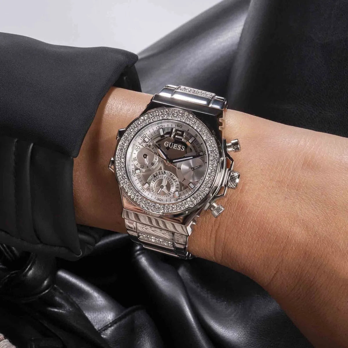 Guess Fusion Chronograph Crystals Silver Dial Silver Steel Strap Watch For Women - GW0552L1