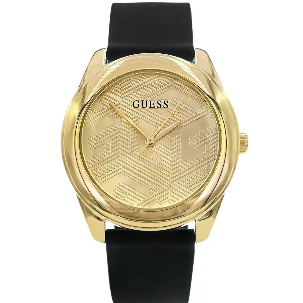 Guess Cubed Analog Gold Dial Black Silicone Strap Watch For Women - GW0665L1