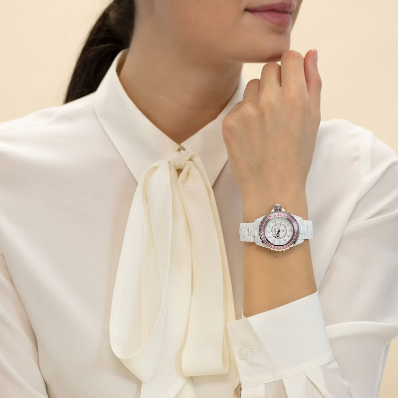Shop Chanel J12 Sapphire Bezel Ceramic White Dial White Steel Strap Watch for Women - J12 H2010 in USA