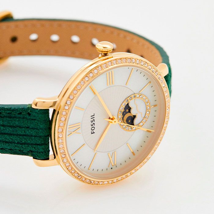 Fossil Jacqueline Multifunction Moonphase Mother of Pearl White Dial Green Leather Strap Watch for Women - ES5244 Buy Now By Fossil