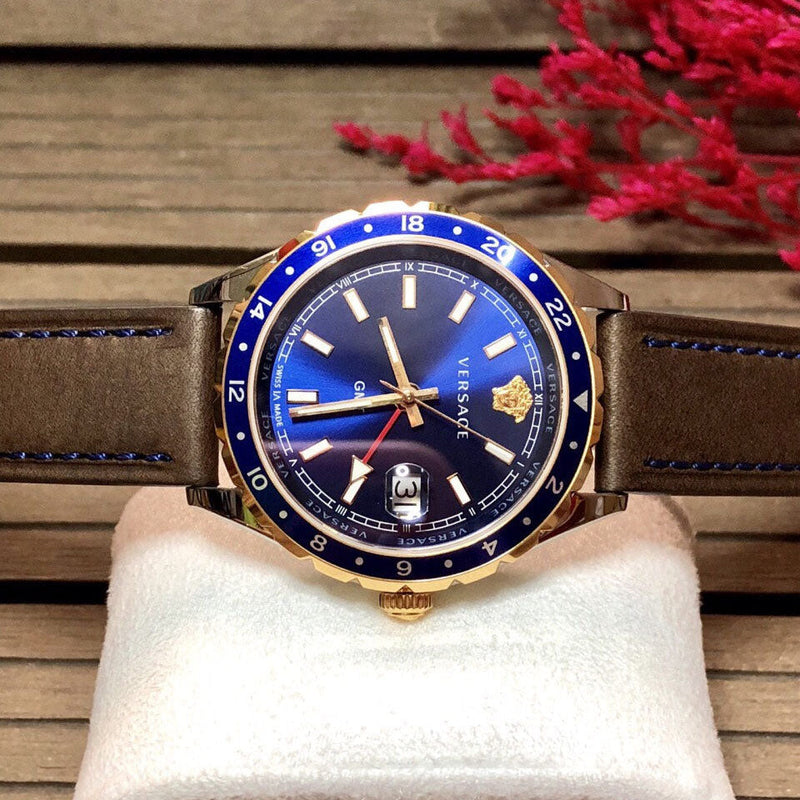 Versace Hellenyium GMT Blue Dial Brown Leather Strap Watch for Men - V11080017 Buy Now By Versace