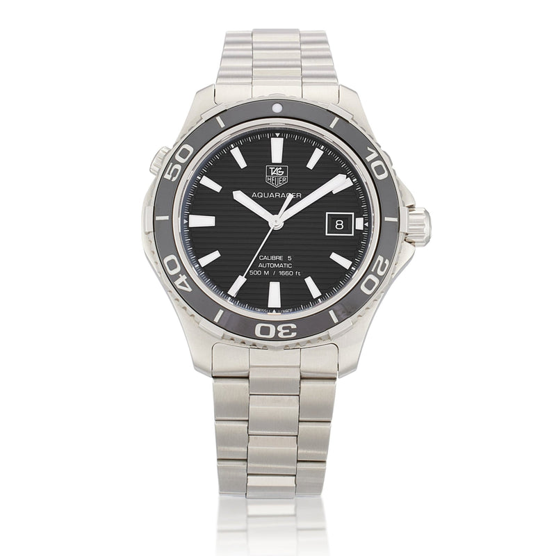 Shop Tag Heuer Aquaracer Caliber 5 Automatic Black Dial Silver Steel Strap Watch for Men - WAK2110.BA0830 in USA