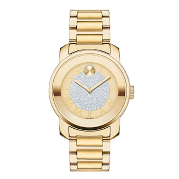 Shop Movado Bold Pave Gold Dial Gold Steel Strap Watch For Women - 3600255 in USA