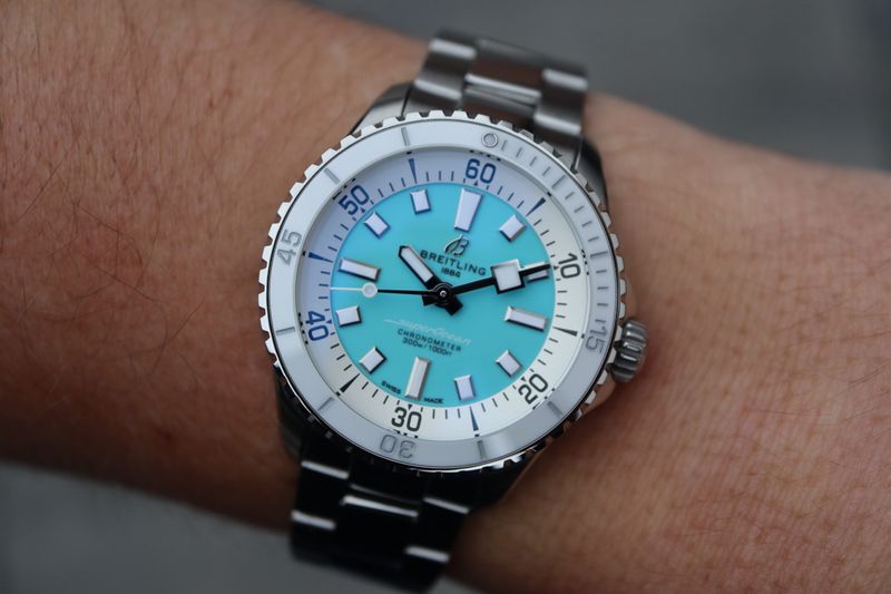 Breitling Superocean Automatic 36 Turquoise Dial Silver Steel Strap Watch for Men - A17377211C1A1 Buy Now By Breitling