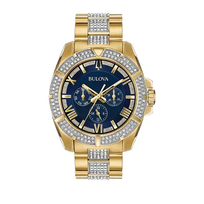 Shop Bulova Crystal Collection Blue Dial Gold Steel Strap Watch for Men - 98C128 in USA