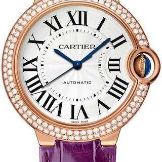 Cartier Ballon Blue De Cartier Diamonds Silver Dial Purple Leather Strap Watch for Women - WJBB0051