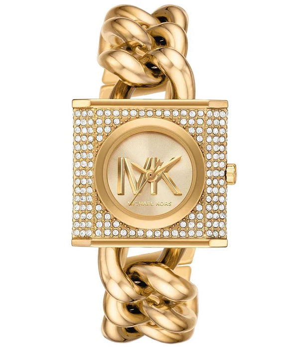 Shop Michael Kors Chain Lock Analog Crystals Silver Dial Gold Steel Strap Watch for Women - MK4809 in USA