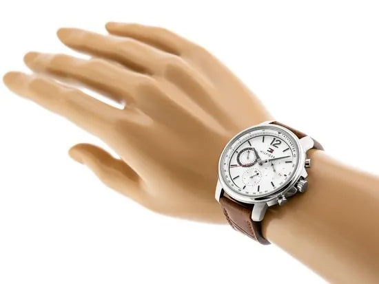 Tommy Hilfiger Landon Chronograph White Dial Brown Leather Strap Watch for Men - 1791531