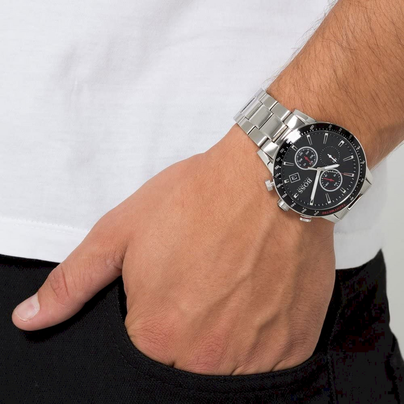 Shop Hugo Boss Rafale Chronograph Black Dial Silver Steel Strap Watch for Men - 1513509 in USA