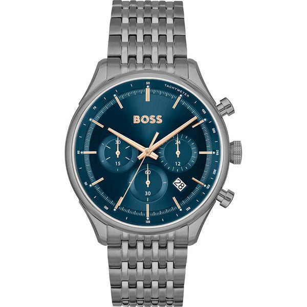 Shop Hugo Boss Gregor Chronograph Blue Dial Grey Steel Strap Watch For Men - 1514083 in USA