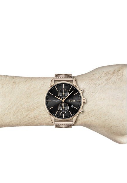 Hugo Boss Associate Black Dial Rose Gold Mesh Bracelet Watch for Men - 1513806 Buy Now By Hugo Boss