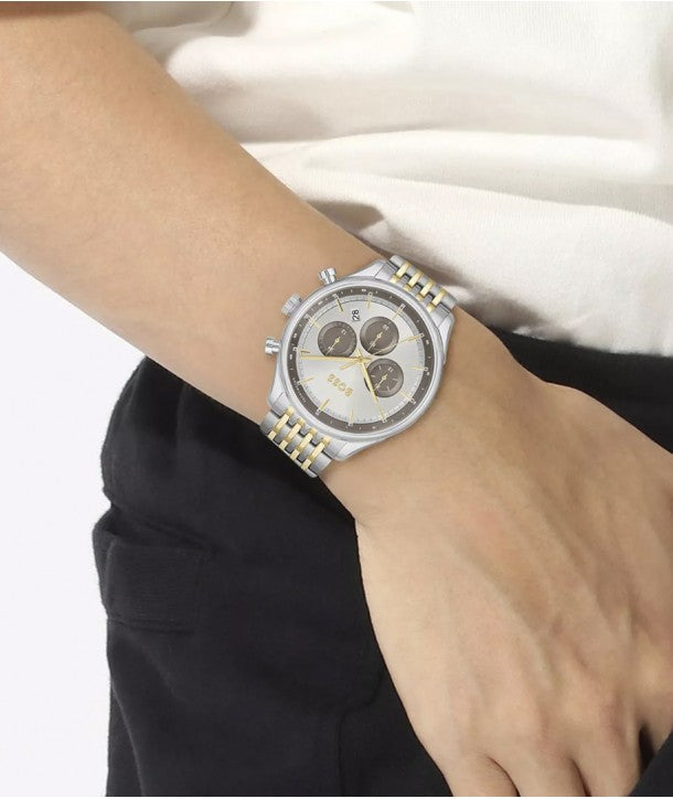 Shop Hugo Boss Gregor Chronograph Silver Dial Two Tone Steel Strap Watch For Men - 1514053 in USA