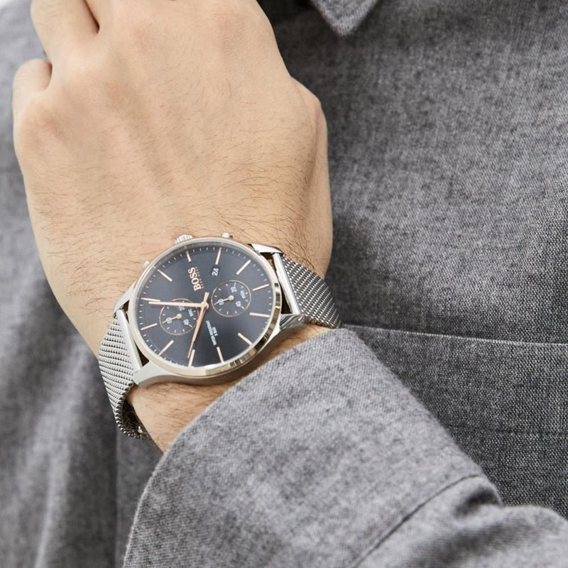 Hugo Boss Associate Black Dial Silver Mesh Bracelet Watch for Men - 1513805 Buy Now By Hugo Boss
