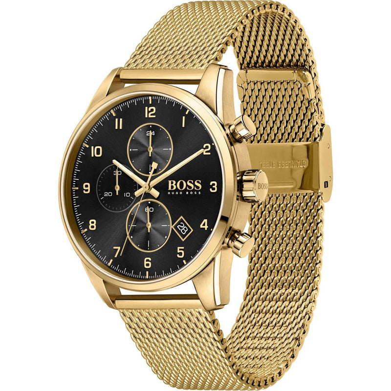 Shop Hugo Boss Skymaster Black Dial Gold Mesh Bracelet Watch for Men - 1513838 in USA