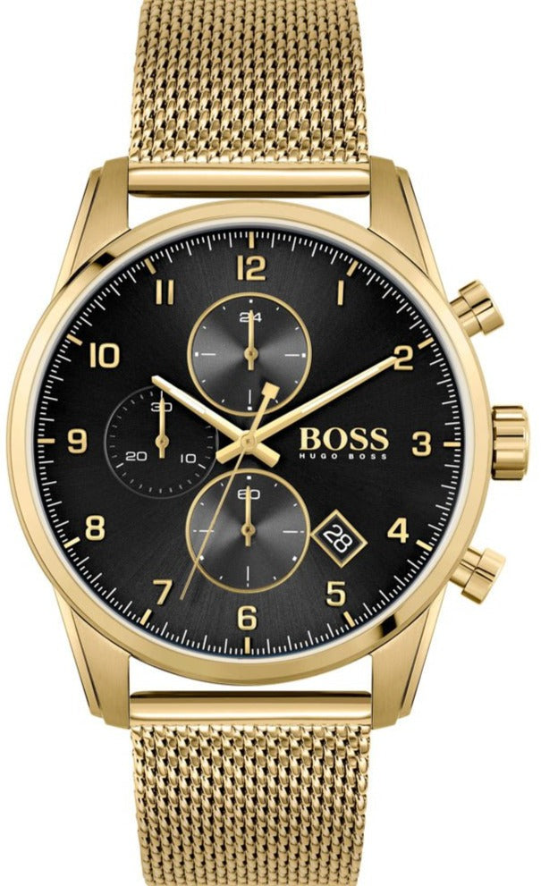 Shop Hugo Boss Skymaster Black Dial Gold Mesh Bracelet Watch for Men - 1513838 in USA