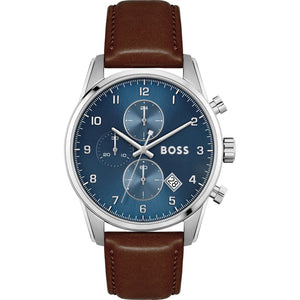 Hugo Boss Skymaster Chronograph Blue Dial Brown Leather Strap Watch for Men - 1513940