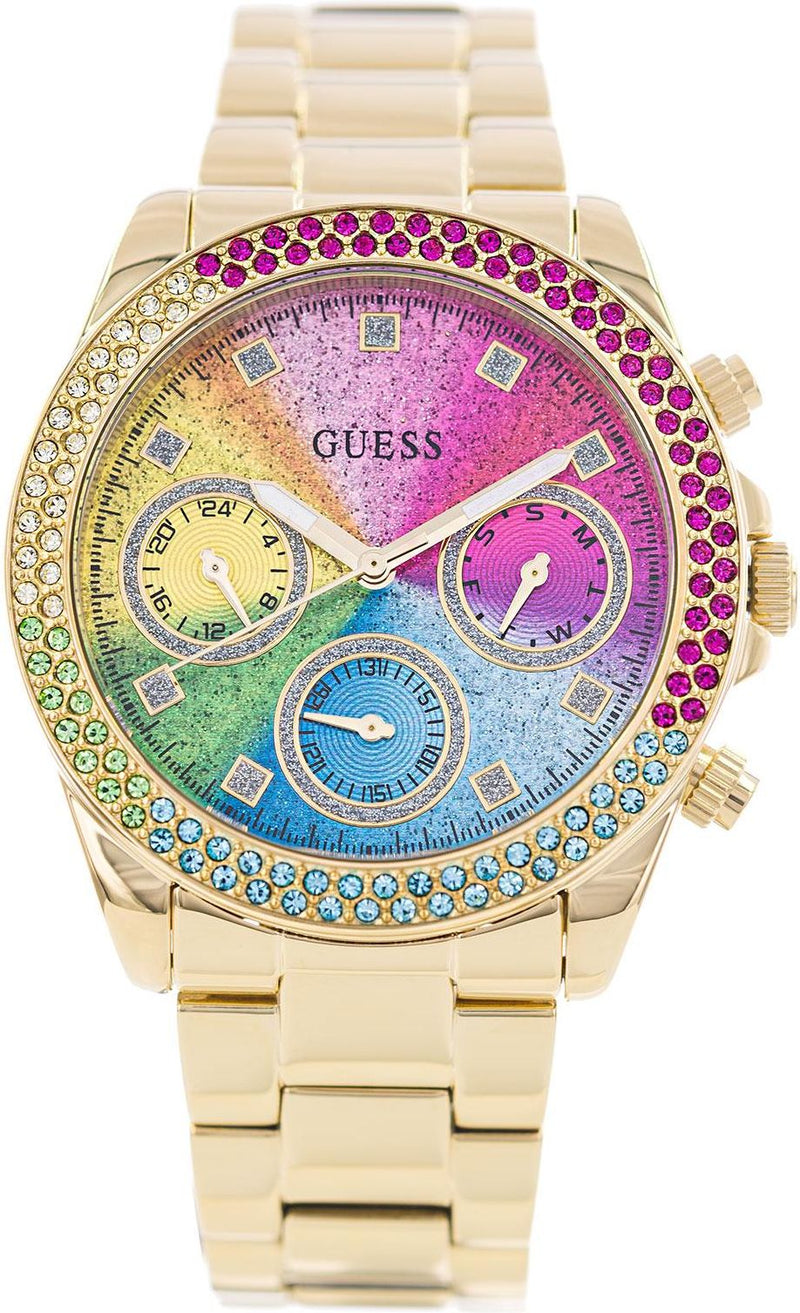 Guess Confetti Chronograph Rainbow Dial Gold Steel Strap Watch For Women - GW0483L4 Buy Now By Guess