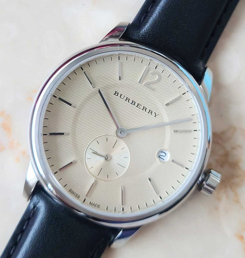Shop Burberry The Classic Horseferry Beige Dial Black Leather Strap Watch for Men - BU10000 in USA