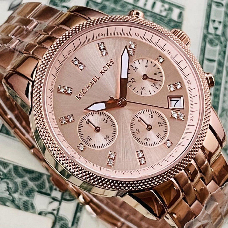 Michael Kors Ritz Chronograph Rose Gold Dial Rose Gold Steel Strap Watch for Women - MK6077 Buy Now By Michael Kors