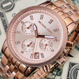 Michael Kors Ritz Chronograph Rose Gold Dial Rose Gold Steel Strap Watch for Women - MK6077 Buy Now By Michael Kors