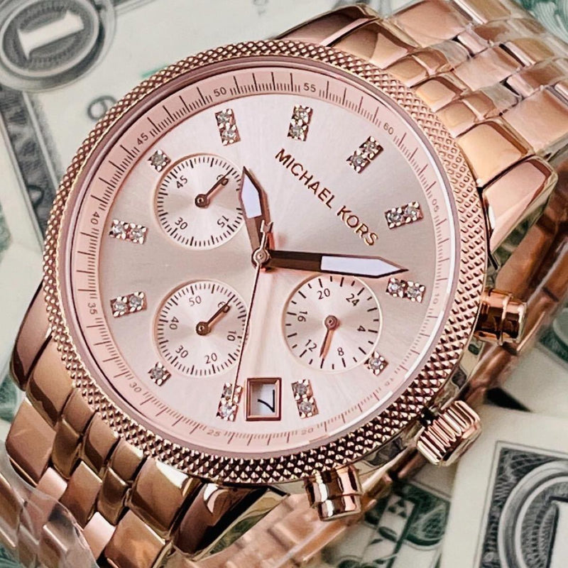 Michael Kors Ritz Chronograph Rose Gold Dial Rose Gold Steel Strap Watch for Women - MK6077 Buy Now By Michael Kors