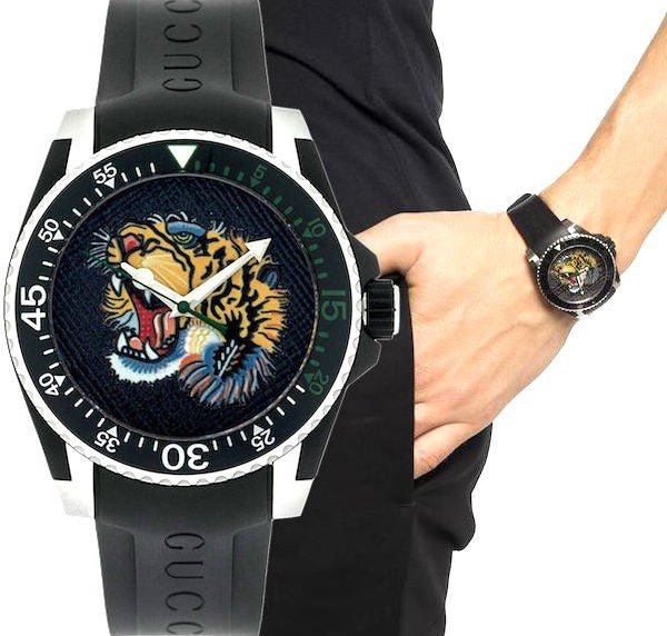 Shop Gucci Dive Tiger Black Dial Black Rubber Strap Watch For Men - YA136318 in USA