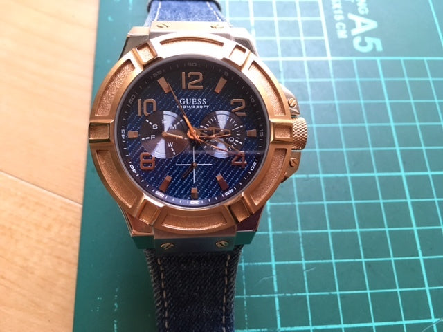 Guess Rigor Analog Blue Dial Blue Denim Strap Watch For Men - W0040G6 Buy Now By Guess
