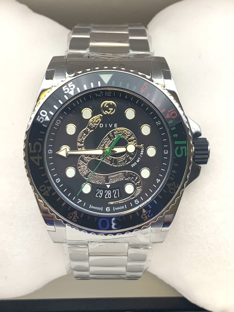 Shop Gucci Dive Snake Black Dial Silver Steel Strap Watch For Men - YA136218 in USA