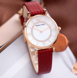 Emporio Armani Gianni T-Bar Analog Mother of Pearl Dial Red Leather Strap Watch For Women - AR11322 Buy Now By Emporio Armani