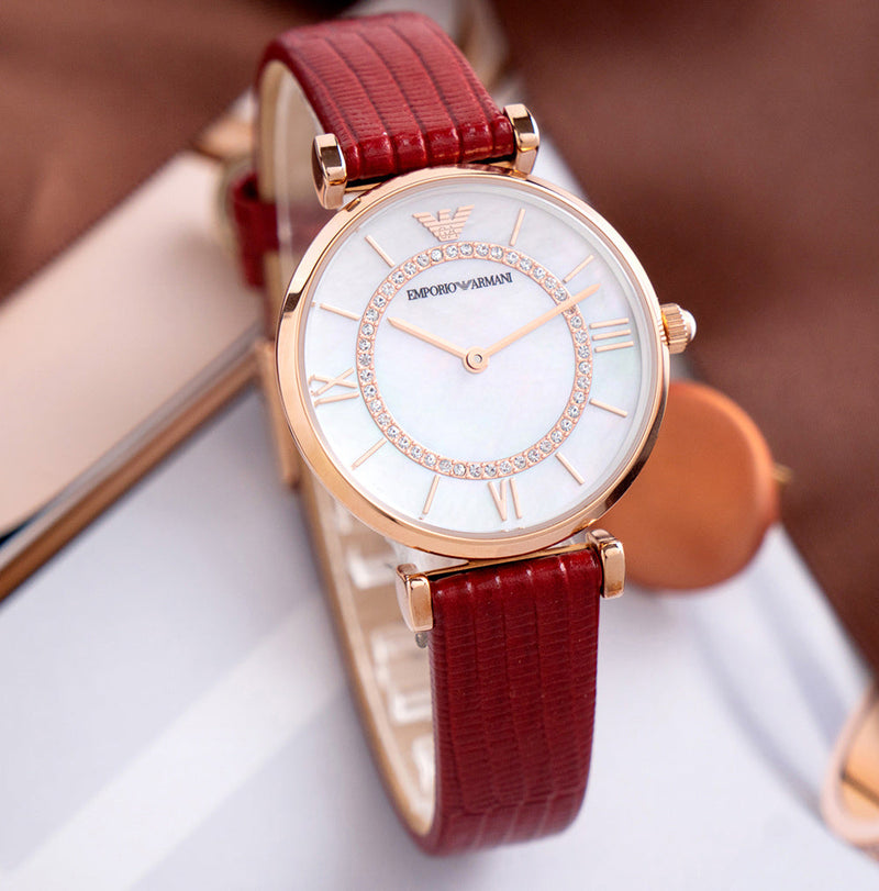 Emporio Armani Gianni T-Bar Analog Mother of Pearl Dial Red Leather Strap Watch For Women - AR11322 Buy Now By Emporio Armani