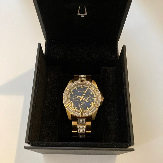 Shop Bulova Crystal Collection Blue Dial Gold Steel Strap Watch for Men - 98C128 in USA