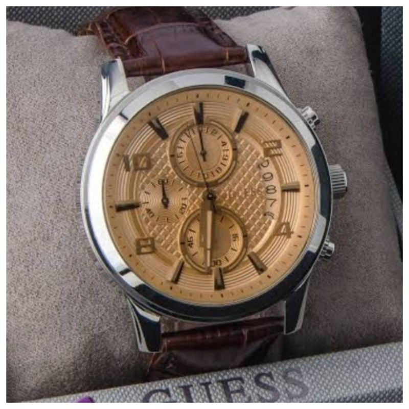 Guess Exec Chronograph Quartz Gold Dial Brown Leather Strap Watch for Men - W0076G3 Buy Now By Guess