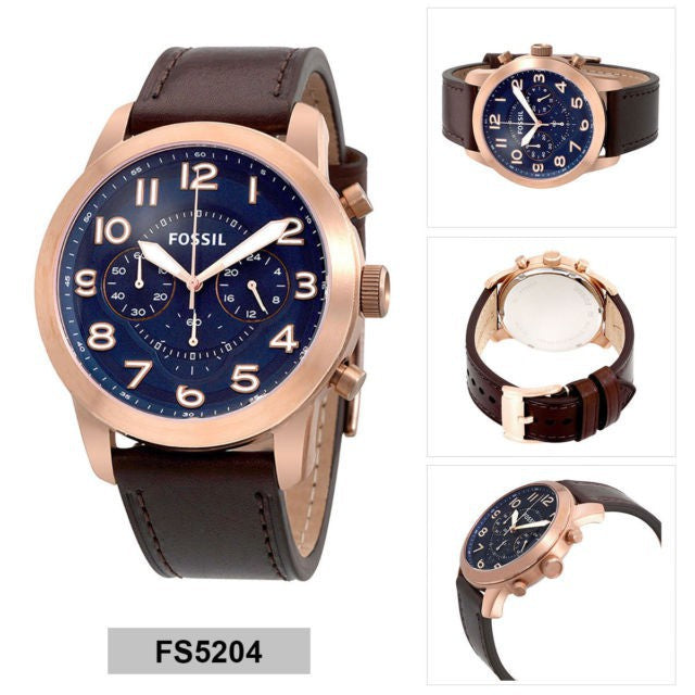 Shop Fossil Pilot 54 Chronograph Blue Dial Brown Leather Strap Watch for Men - FS5204 in USA
