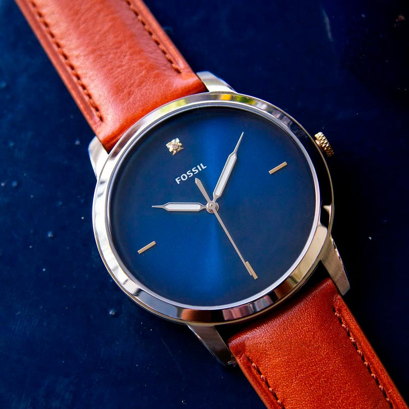 Shop Fossil The Minimalist 3H Blue Dial Brown Leather Strap Watch for Men - FS5499 in USA