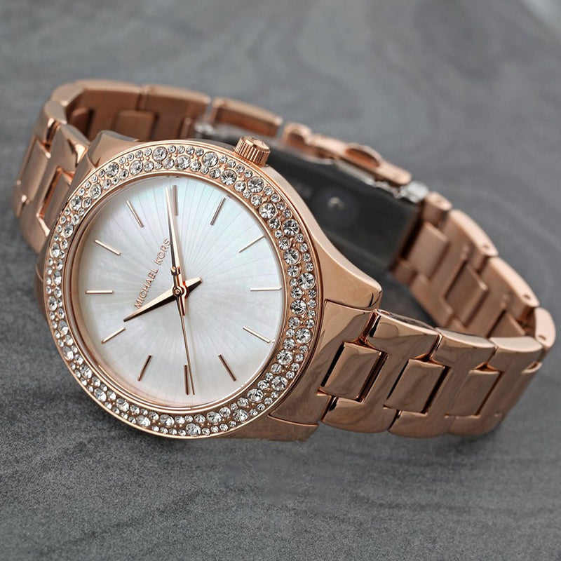 Michael Kors Lilane Three Hand Mother of Pearl White Dial Rose Gold Steel Strap Watch For Women - MK4557 Buy Now By Michael Kors
