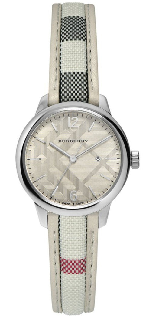 Shop Burberry The Classic Guilloche Silver Dial Grey Leather Strap Watch for Women - BU10113 in USA